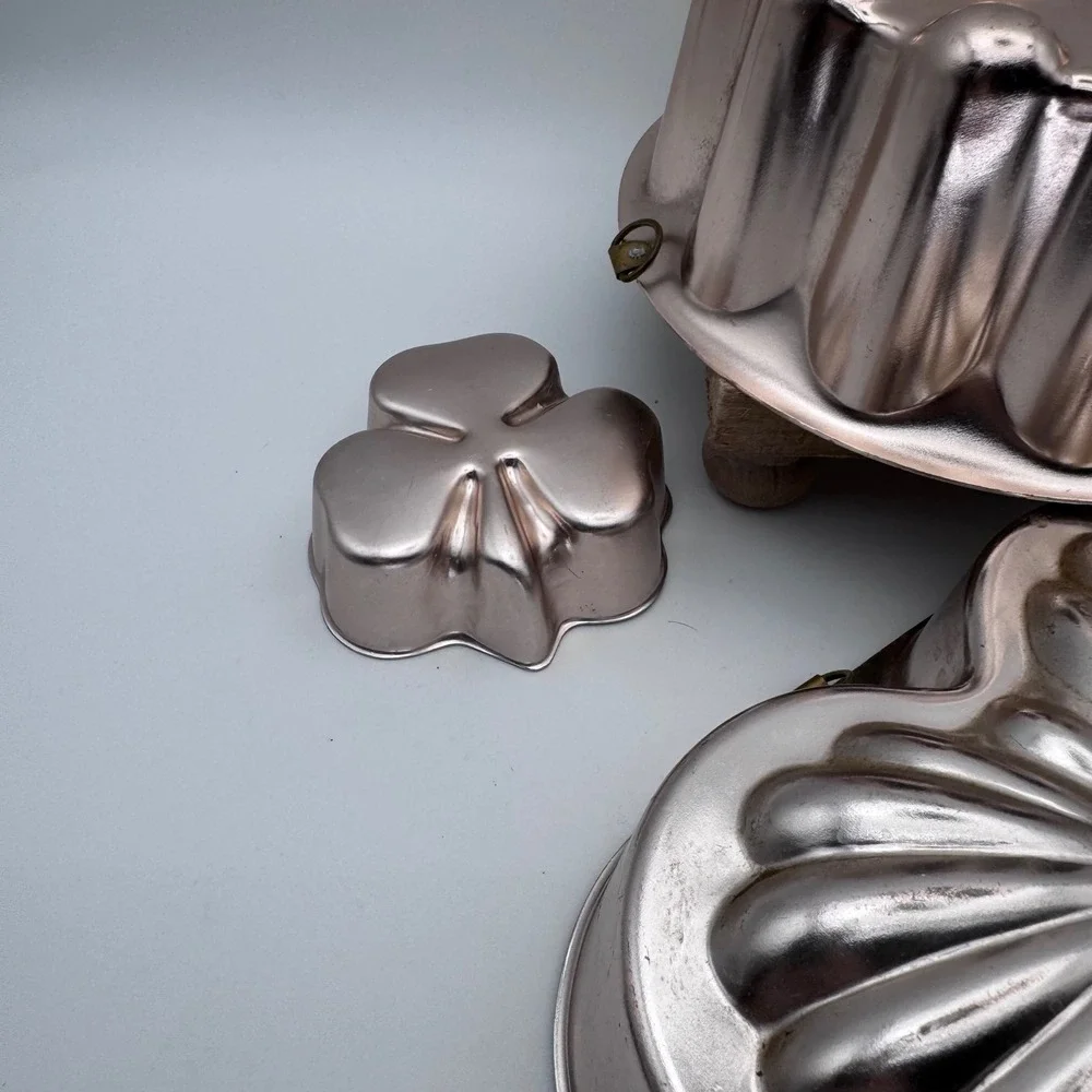 Vintage Copper Aluminum Jello Mold Set Heart Shamrock Bird Fluted 4pc Kitchen